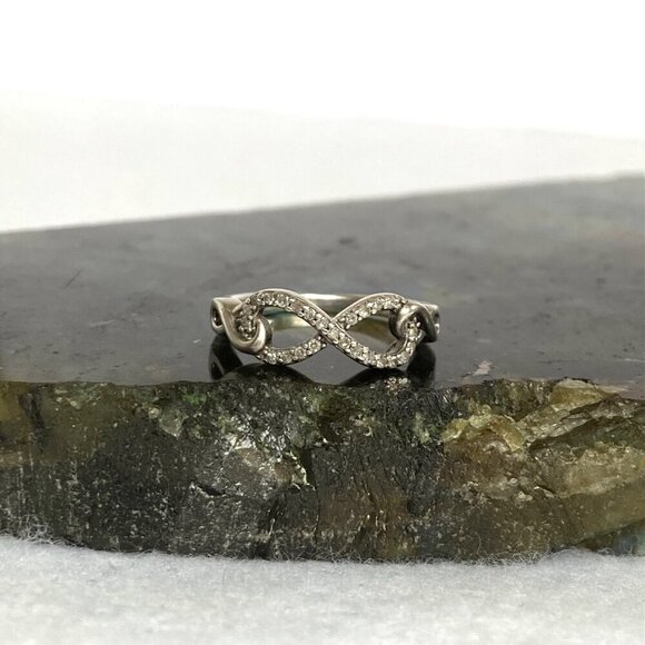 Sterling Silver 925 Dainty Round Diamond Infinity Symbol Band Ring Sz 4.75 - Picture 2 of 16